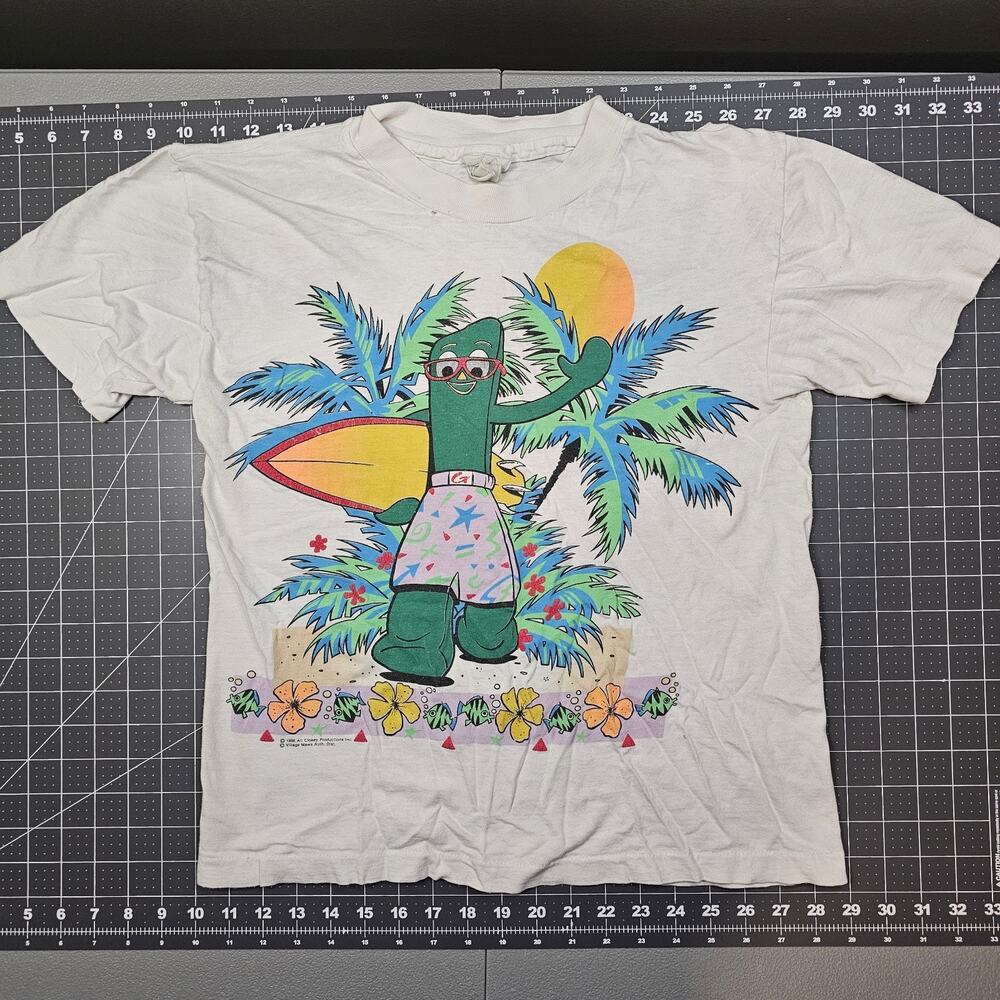 Vintage Gumby Tshirt Small 80s Surfing Double Sided Art Clokey Cartoon Comic
